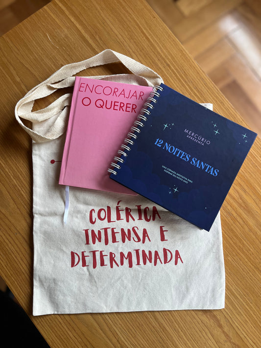 Kit VONTADE & AÇÃO — Journal 12 Noites + Caderno Agir + Bolsa Colérica